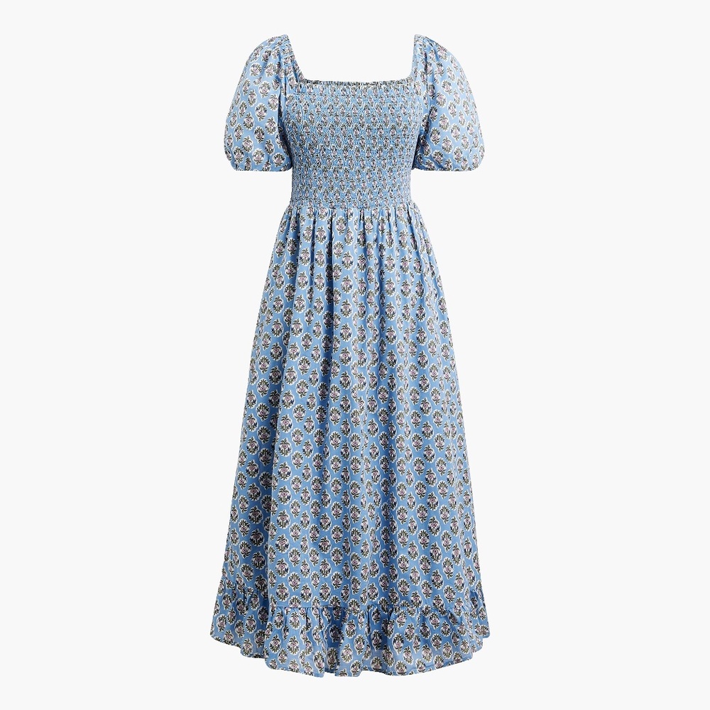 J. Crew Size Small Block Print Blue Floral Smocked Puff Sleeve Midi Dress